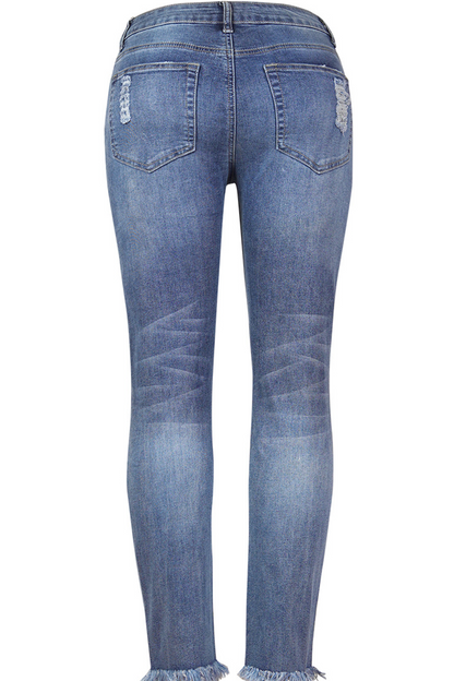 Casual Solid Ripped Mid Waist Skinny Denim Jeans