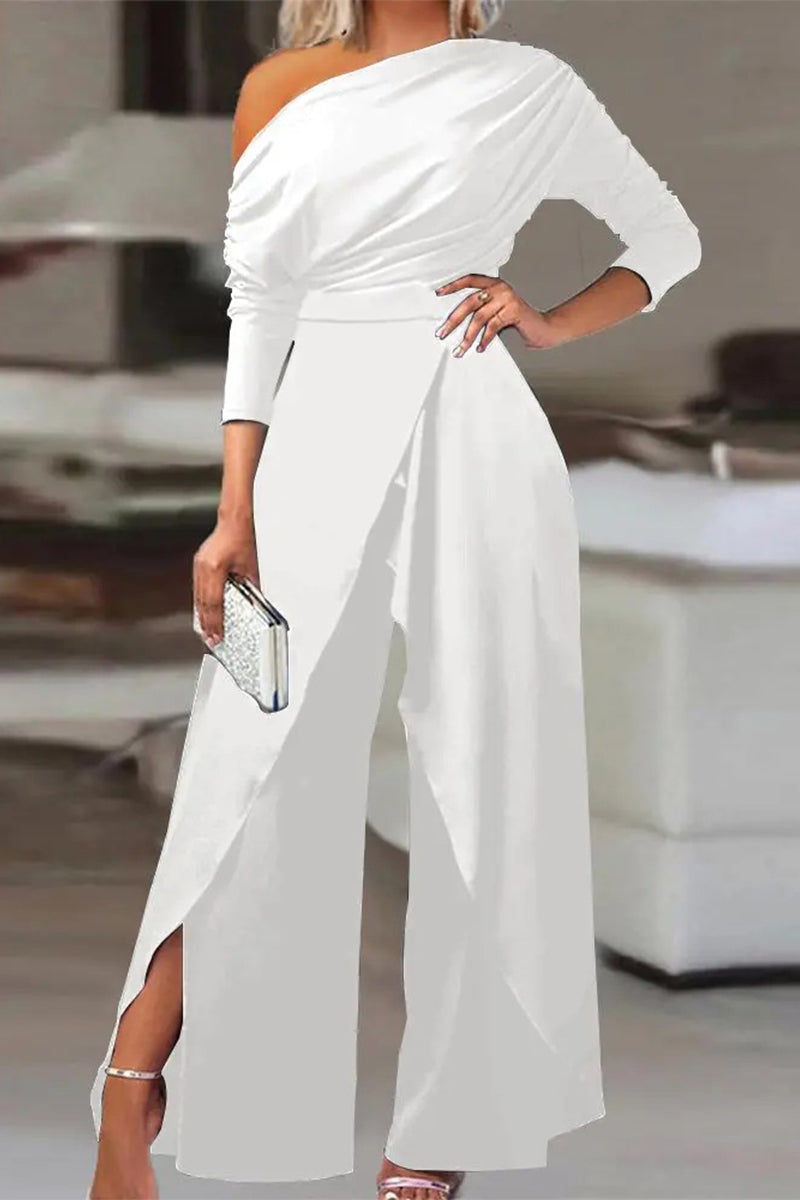 British Style Solid Backless Asymmetrical Oblique Collar Regular Jumpsuits(3 Colors)