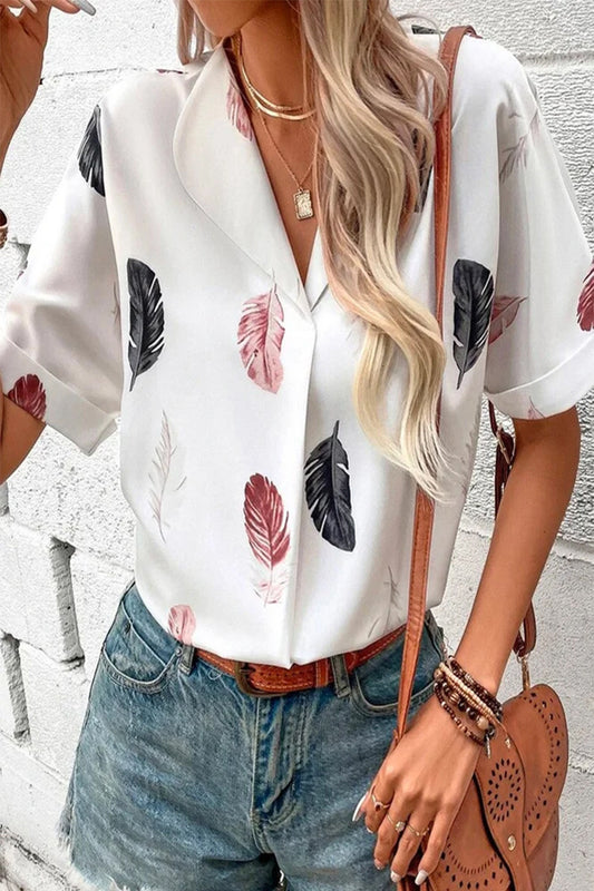 Casual Print Patchwork Turndown Collar Tops