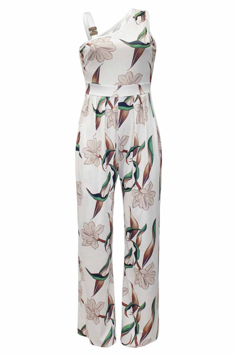 Casual Print Patchwork Asymmetrical Collar Jumpsuits