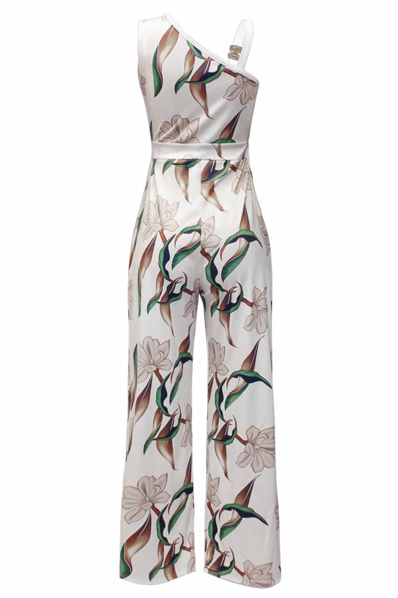 Casual Print Patchwork Asymmetrical Collar Jumpsuits