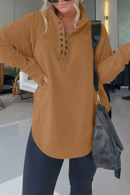 Casual Simplicity Solid Buckle Mandarin Collar Tops