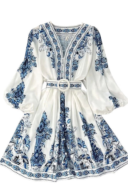 Bohemian Elegant Print With Belt V Neck A Line Dresses