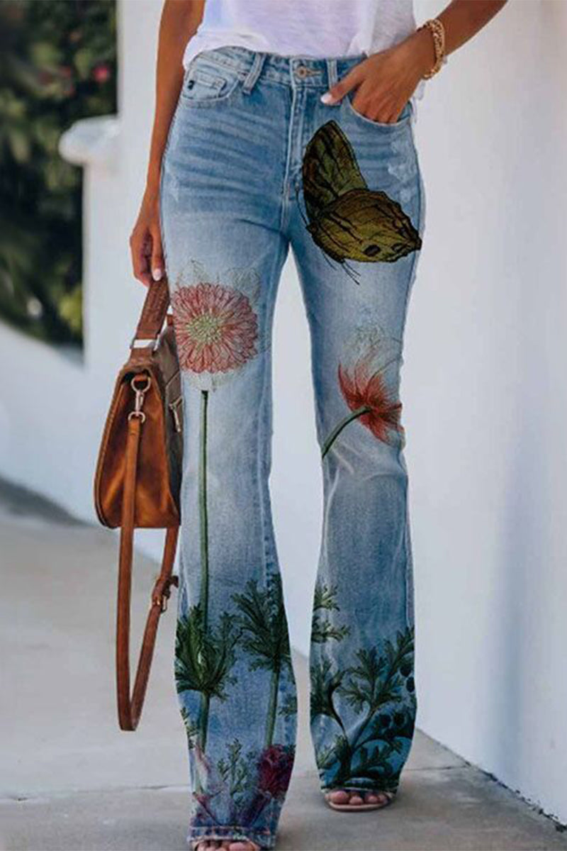 Casual Floral Pocket Regular Denim Jeans