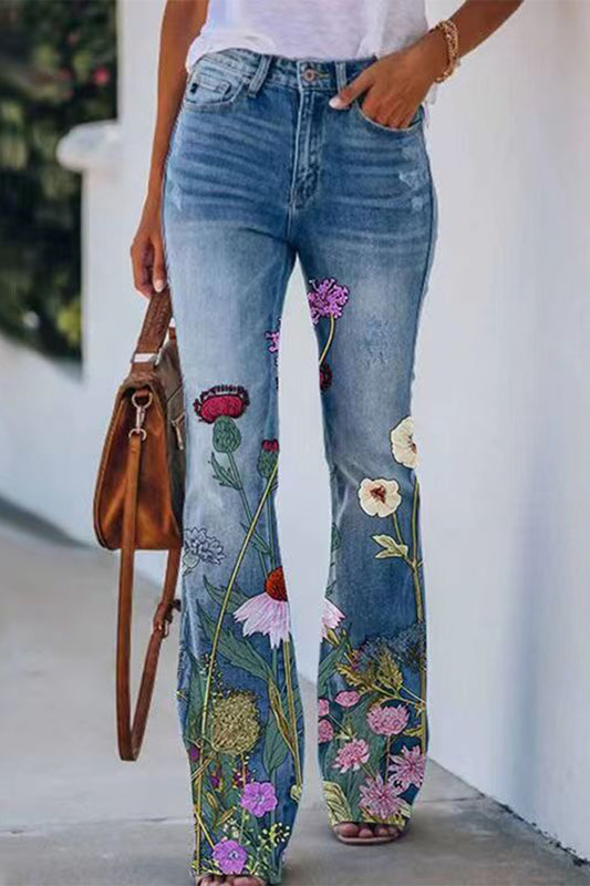 Casual Floral Pocket Regular Denim Jeans