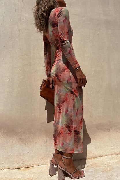 Casual Vintage Gradual Change Print See-through O Neck Long Sleeve Dresses