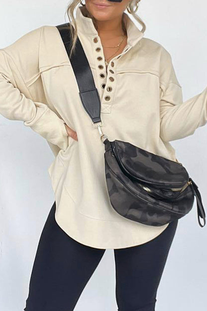 Casual Simplicity Solid Buckle Mandarin Collar Tops