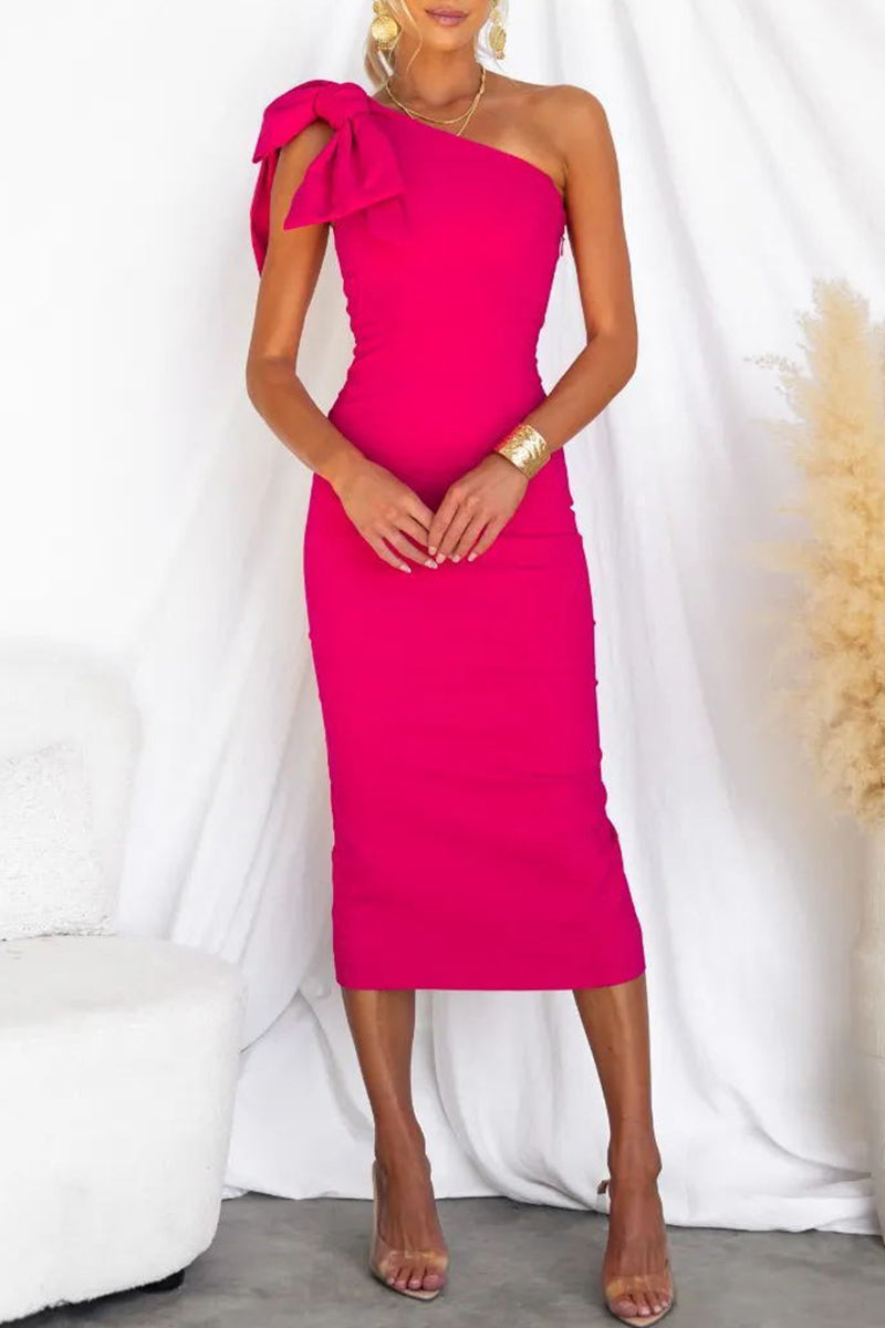 Sexy Solid Slit With Bow Oblique Collar Wrapped Skirt Dresses