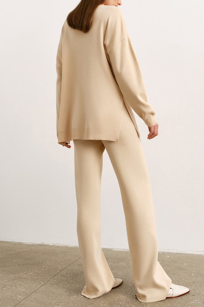 Casual Simplicity Solid Slit Half A Turtleneck Long Sleeve Two Pieces(4 Colors)