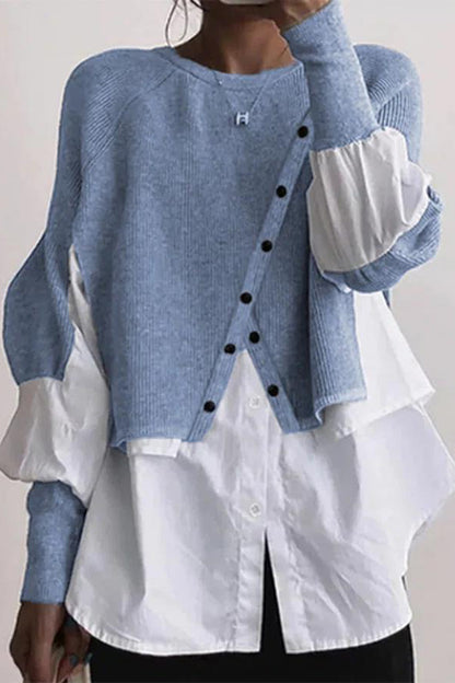 Casual Solid Patchwork Buttons O Neck Blouses(6 Colors)