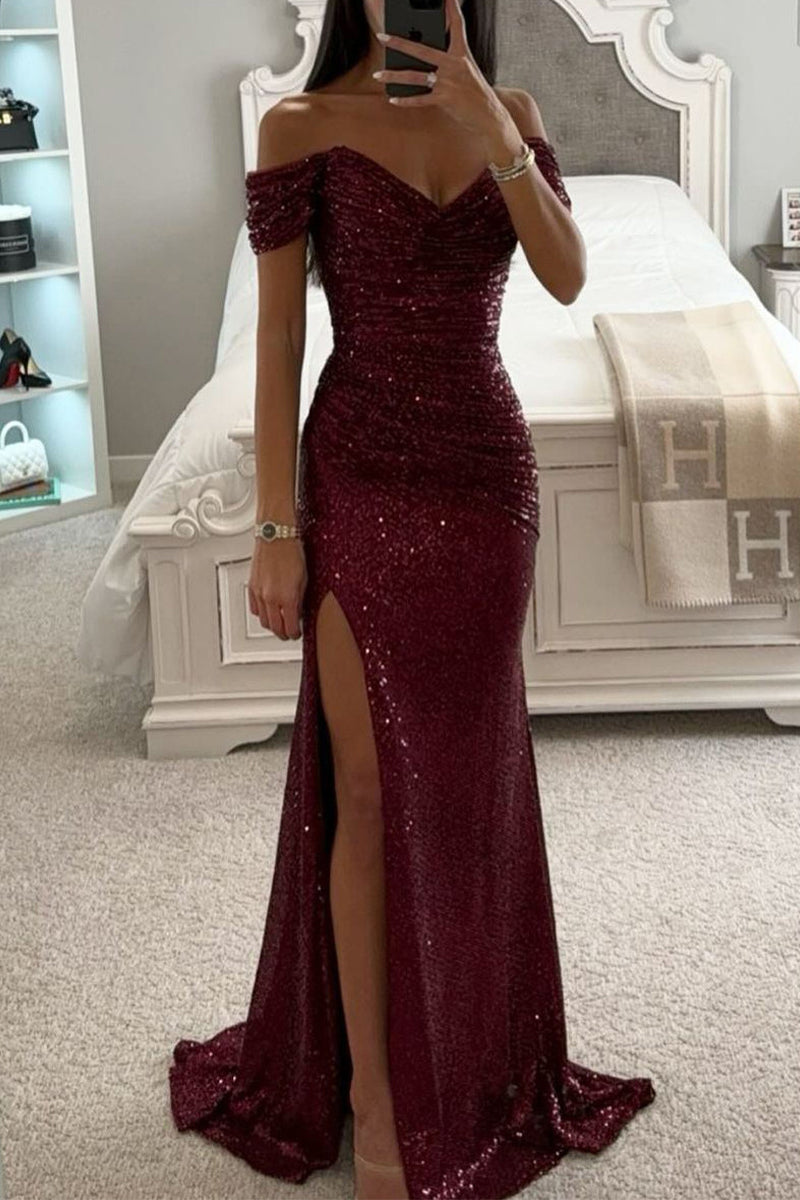 Elegant Solid Sequins High Opening Off the Shoulder Evening Dress Dres ...