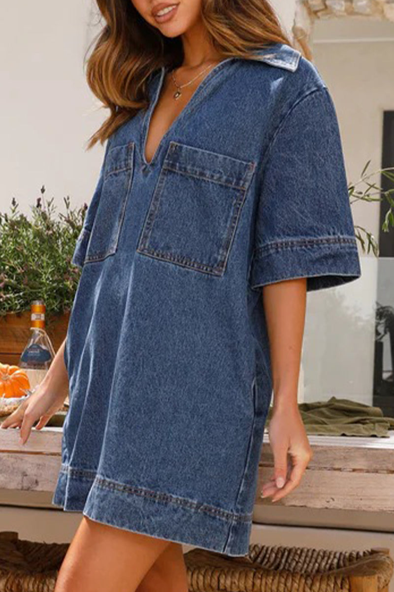 Casual Simplicity Solid Pocket V Neck Short Sleeve Loose Denim Dresses