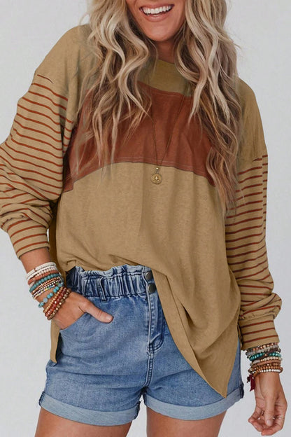 Casual Color Block Contrast O Neck Tops