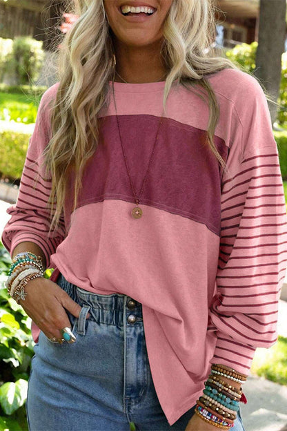 Casual Color Block Contrast O Neck Tops