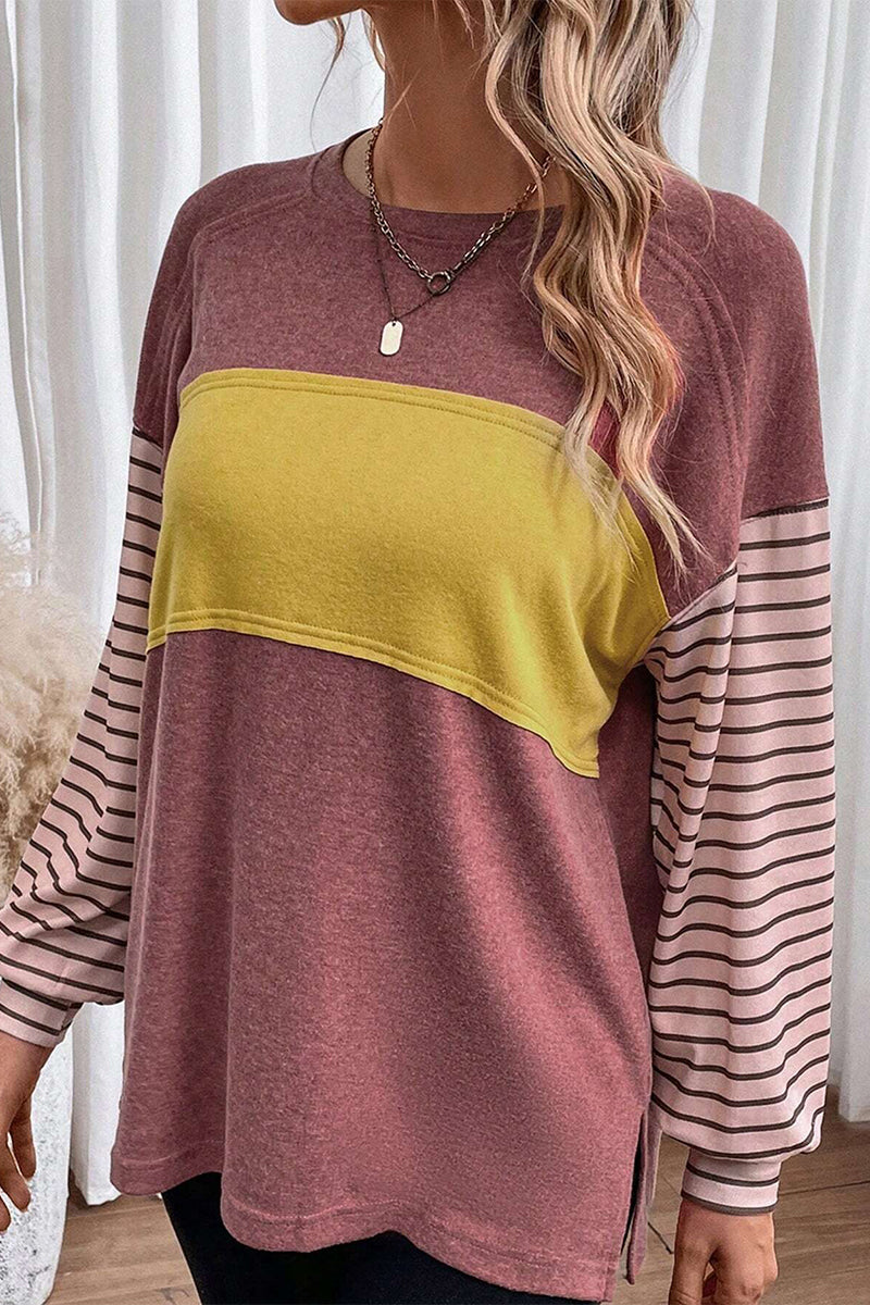 Casual Color Block Contrast O Neck Tops