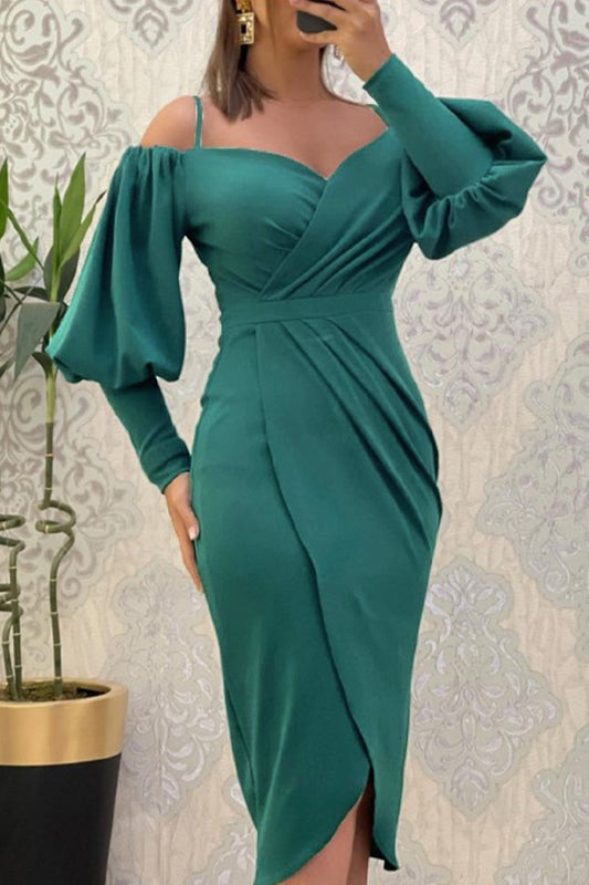 Sweet Elegant Solid Fold Off the Shoulder Irregular Dress Dresses(3 Colors)