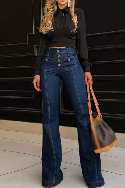 Casual Solid Patchwork Buttons High Waist Skinny Denim Jeans