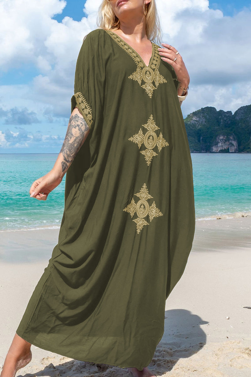 Casual Vacation Solid Embroidered Contrast Swimwears Cover Up(5 Colors)