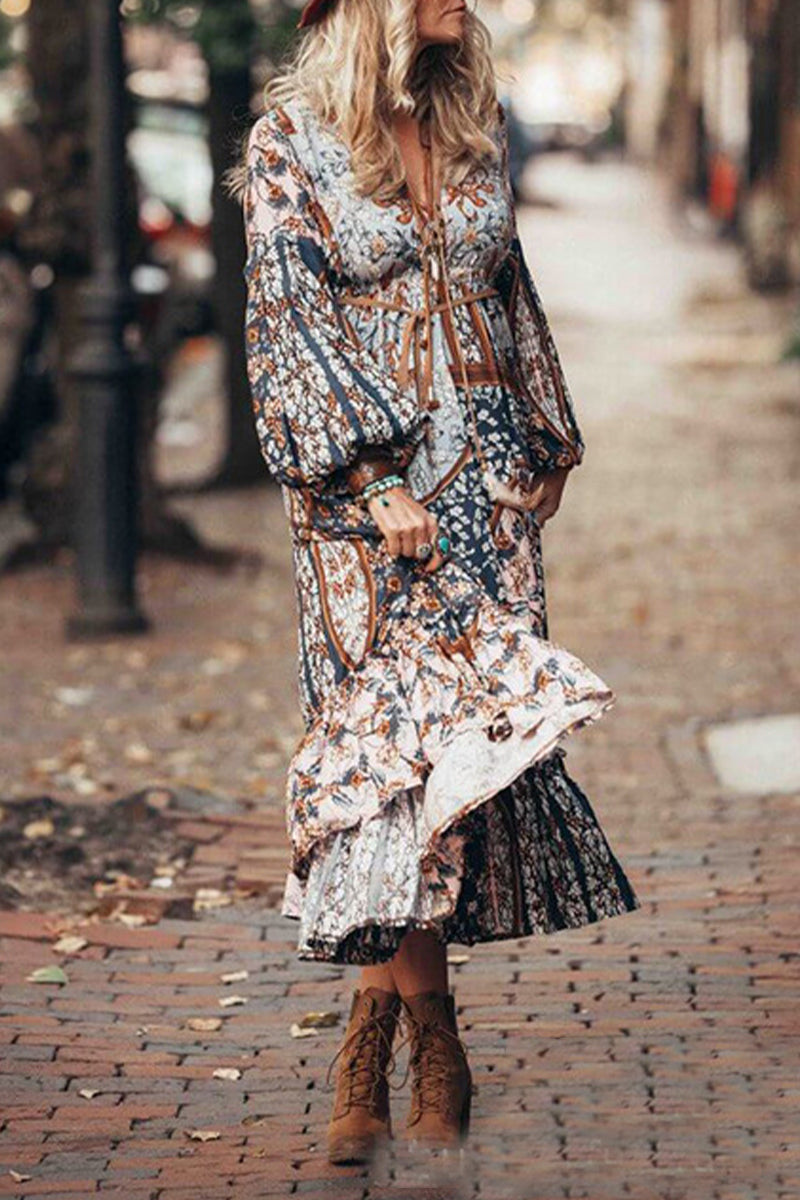 Bohemian Vintage Floral Frenulum V Neck Printed Dress Dresses – hotlula