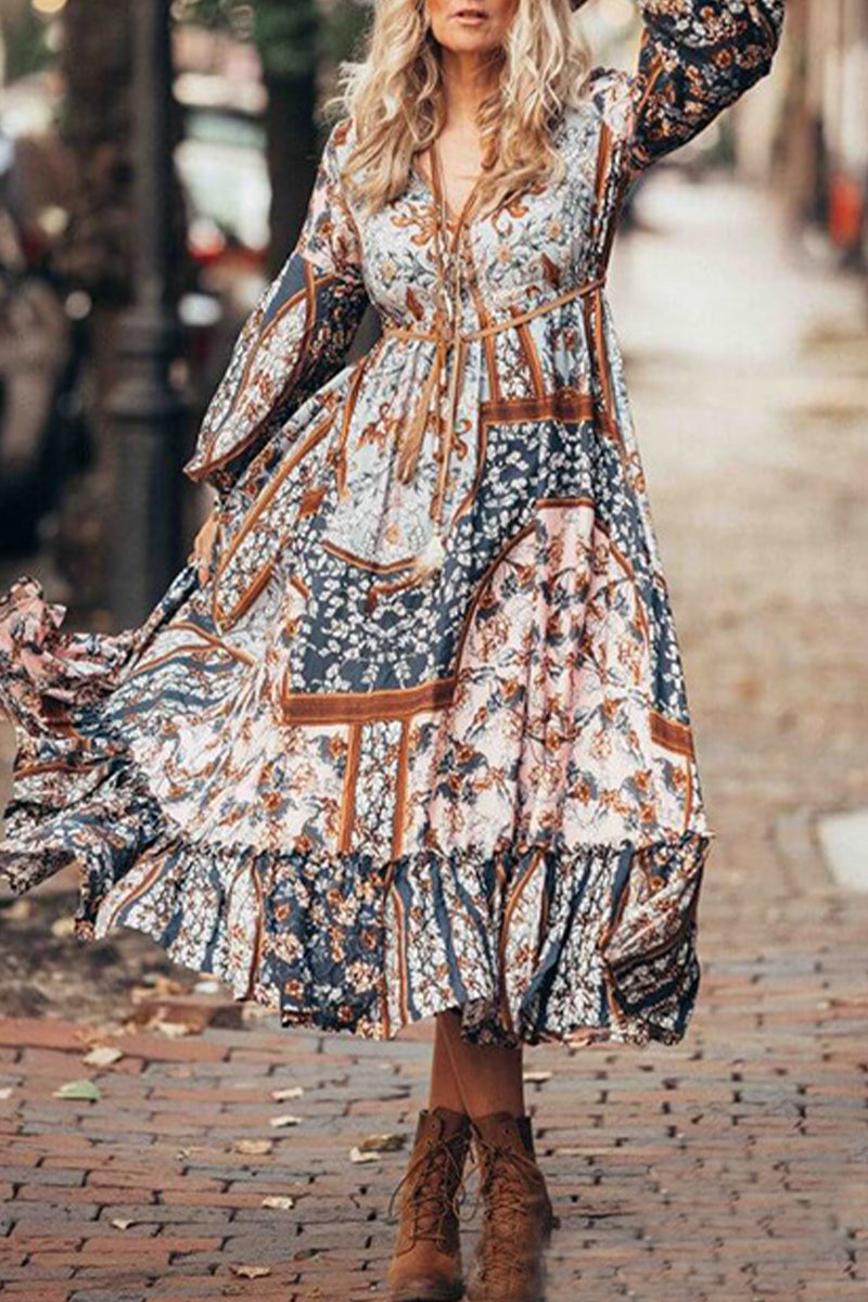 Bohemian Vintage Floral Frenulum V Neck Printed Dress Dresses – hotlula