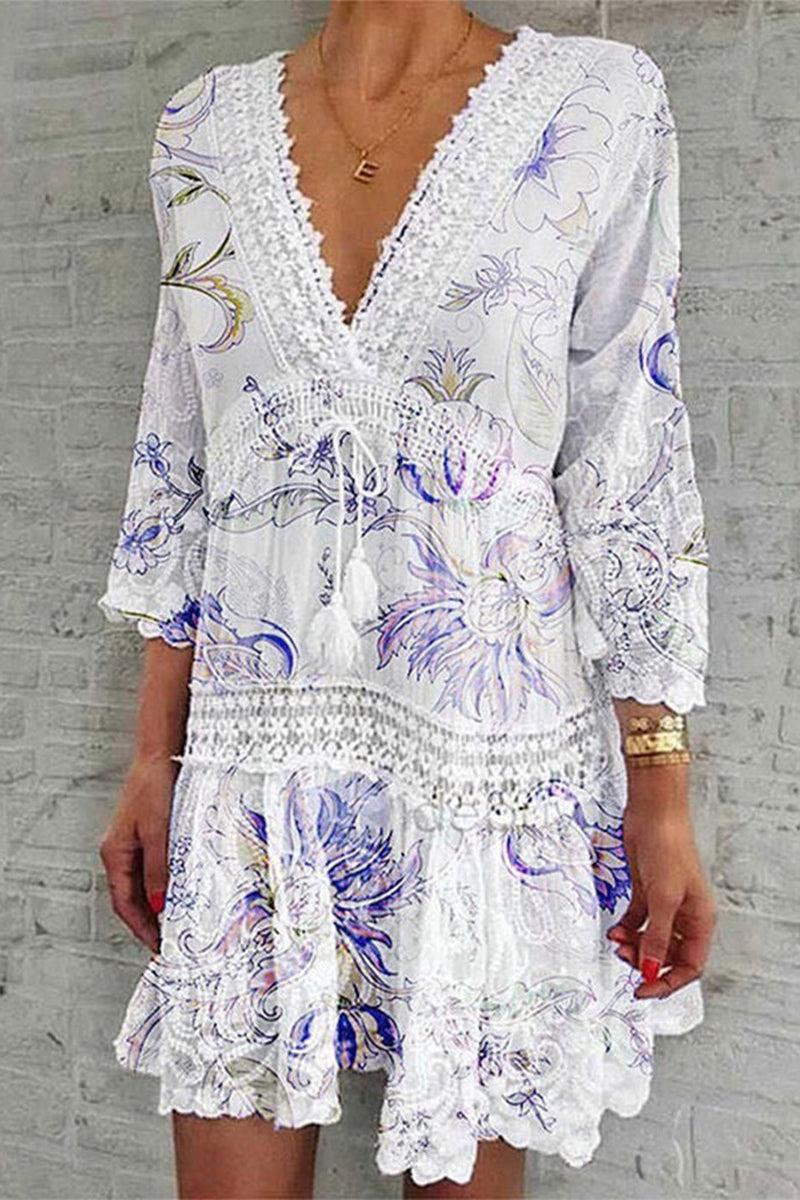 Sweet Elegant Floral Fold V Neck Printed Dress Dresses