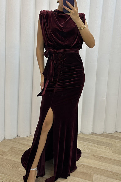 Celebrities Elegant Solid Slit Asymmetrical O Neck Evening Dress Dresses