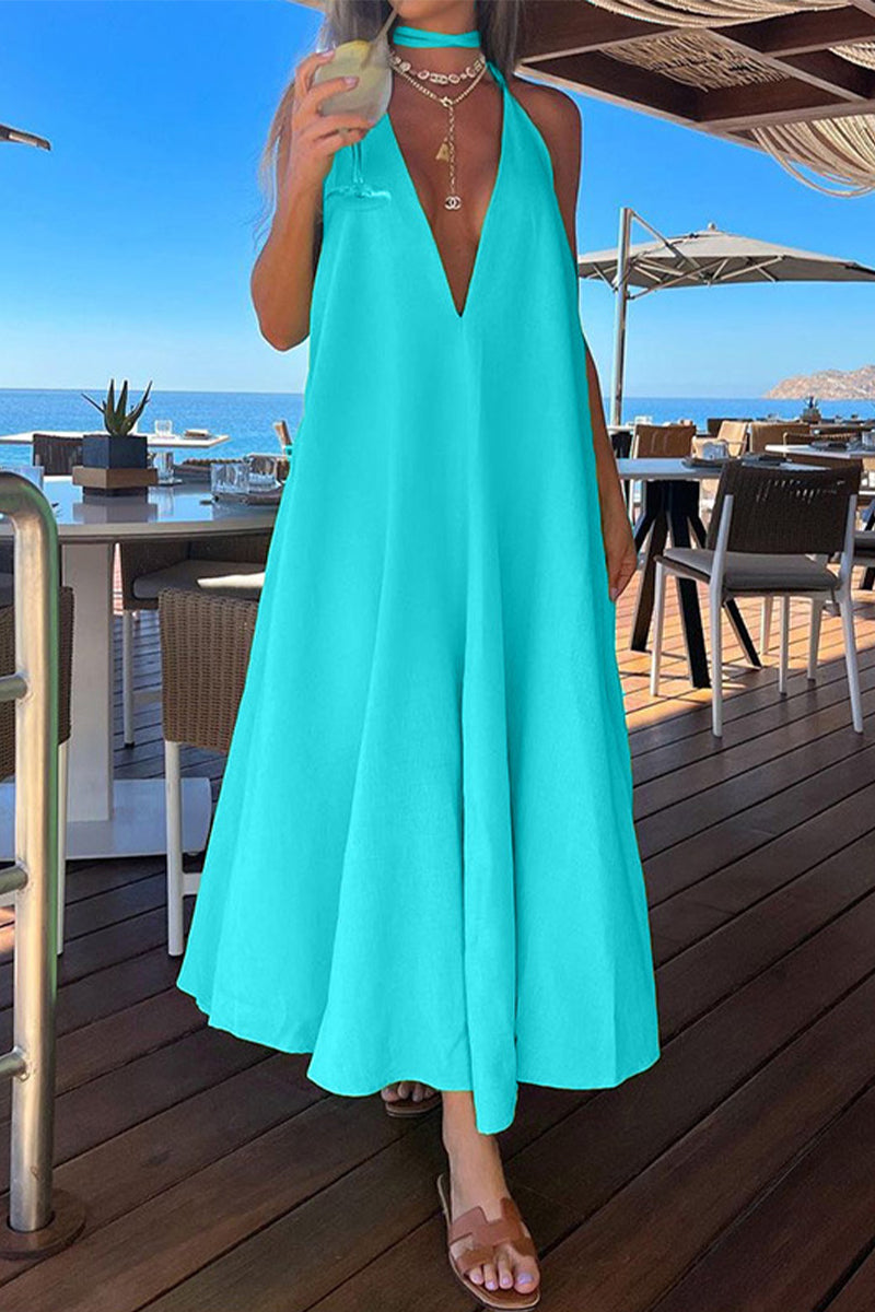 Elegant Simplicity Solid Frenulum Halter Sleeveless Dress Dresses(5 Colors)