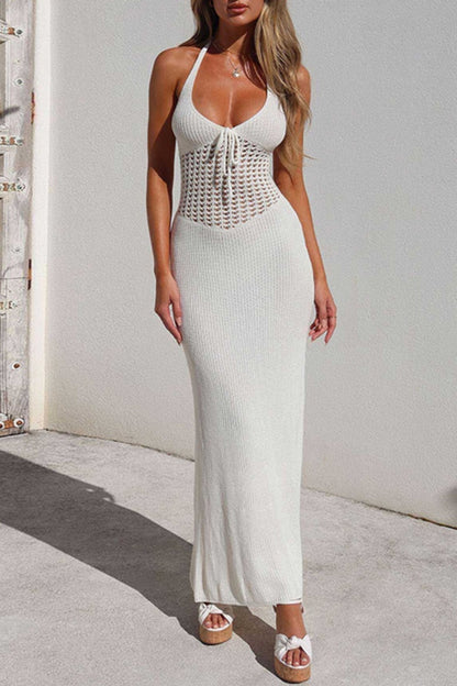 Sexy Solid Hollowed Out Frenulum Backless Halter Long Dresses