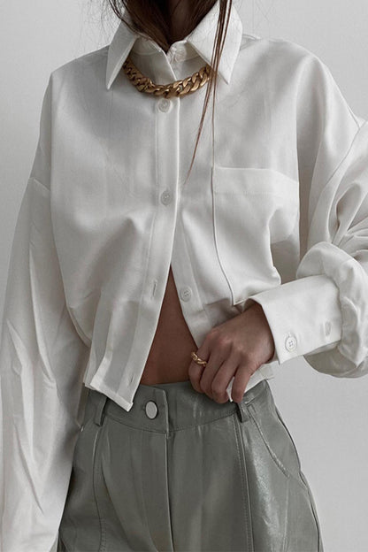 Elegant Solid Pocket Fold Turndown Collar Tops