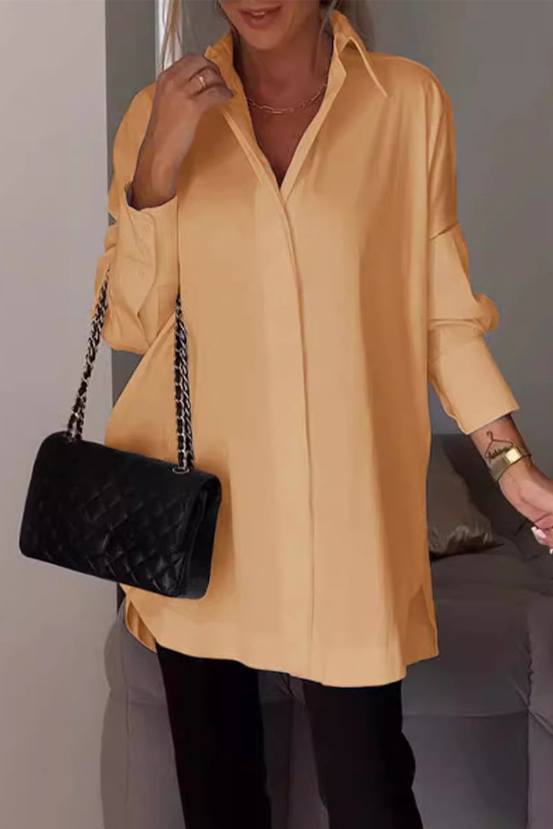 Casual Simplicity Solid Buttons Turndown Collar Tops