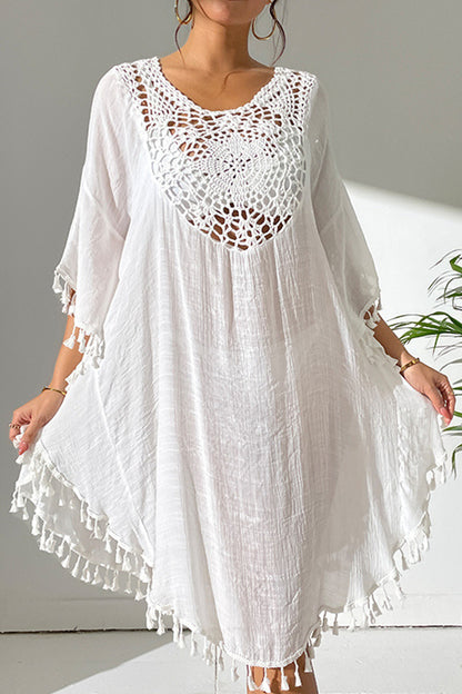 Sexy Vacation Solid Hook Flower Tassel Hollowed Out Swimwears Cover Up