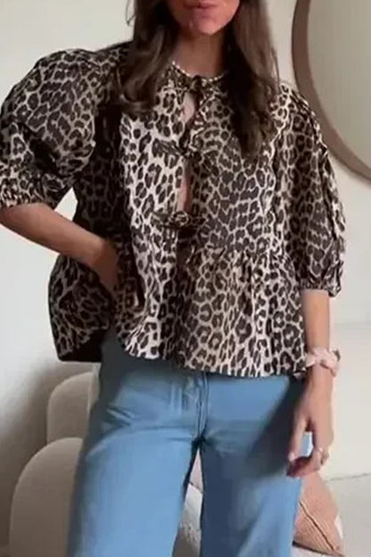 Sexy Vintage Print Leopard Frenulum O Neck Blouses