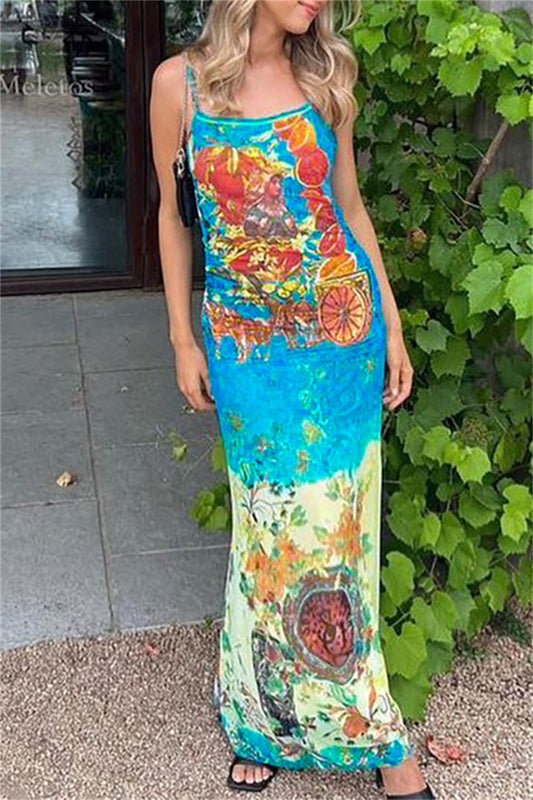 Sexy Print Backless Spaghetti Strap Long Dresses