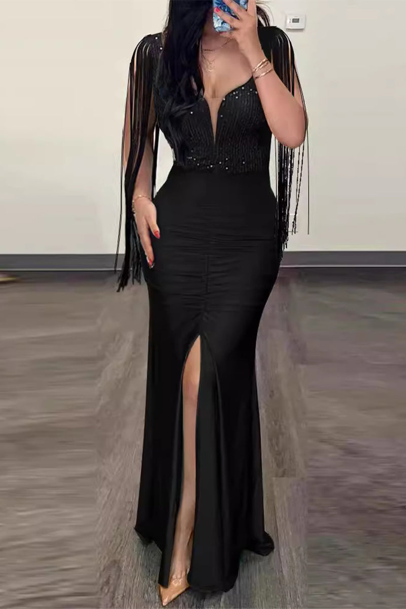 Sexy Formal Solid Tassel Sequins Slit V Neck Evening Dresses