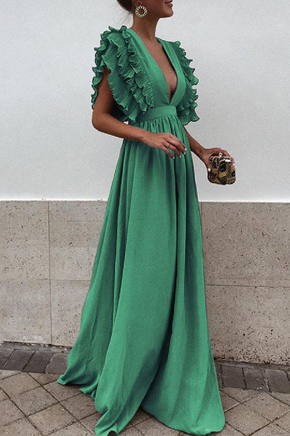 Casual Solid Backless V Neck Long Dresses