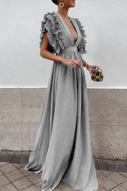 Casual Solid Backless V Neck Long Dresses