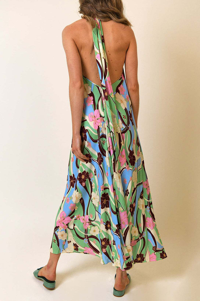 Bohemian Vacation Floral Frenulum Backless Printed Dresses