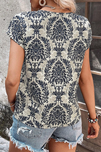 Casual Vintage Floral Hollowed Out V Neck T-Shirts