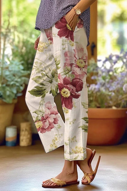 Casual Floral Patchwork Loose Mid Waist Straight Full Print Bottoms