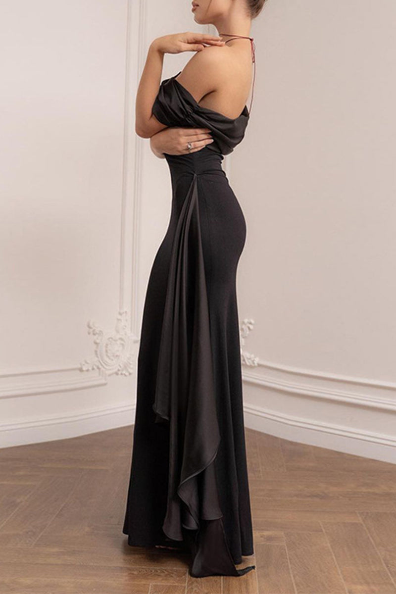 Sexy Formal Solid Mesh Oblique Collar Evening Dresses