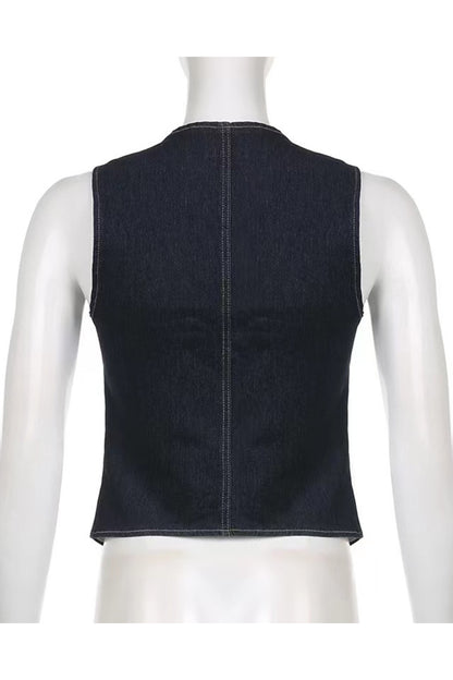 Casual Solid Pocket Buttons V Neck Sleeveless Regular Denim Jacket