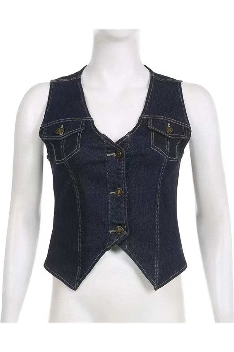 Casual Solid Pocket Buttons V Neck Sleeveless Regular Denim Jacket