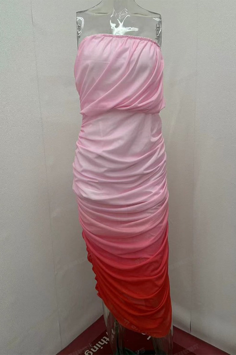 Sexy Gradient Print Fold Strapless One Step Skirt Dresses