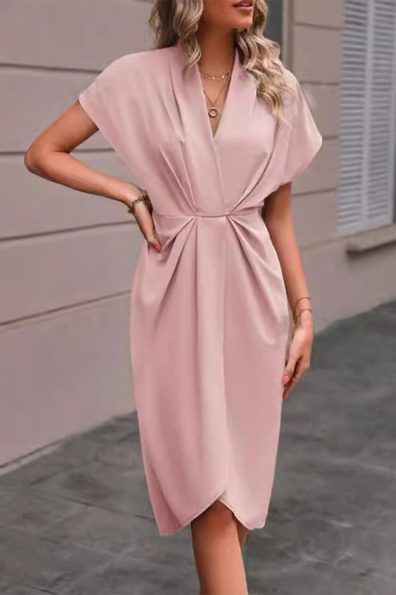 Elegant Solid Fold V Neck A Line Dresses(7 Colors)