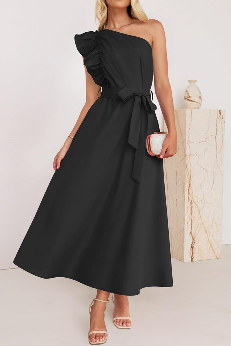 Sweet Elegant Solid Bandage Stringy Selvedge Oblique Collar A Line Dresses(5 Colors)