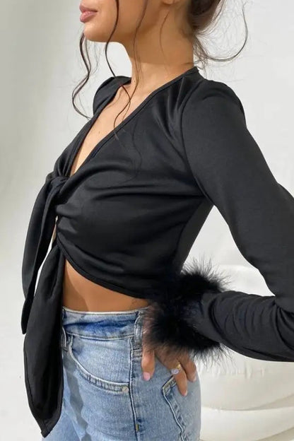 Sexy Solid Feathers Knotted V Neck Tops(4 Colors)