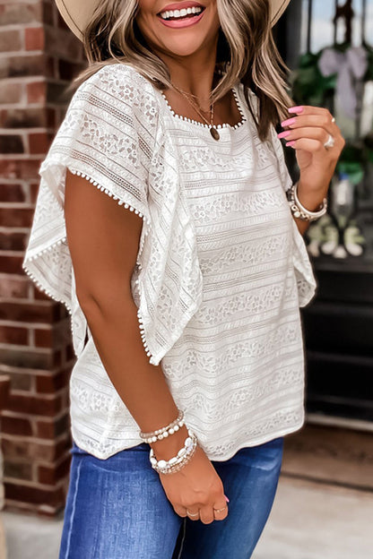 Casual Simplicity Solid Lace Hollowed Out O Neck Blouses
