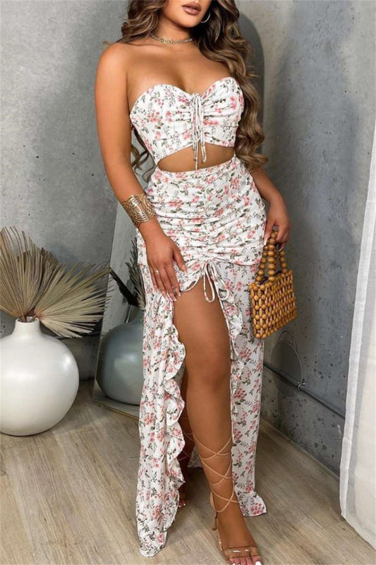 Sexy Casual Print Draw String Frenulum Backless Slit Strapless Sleeveless Two Pieces(3 Colors)