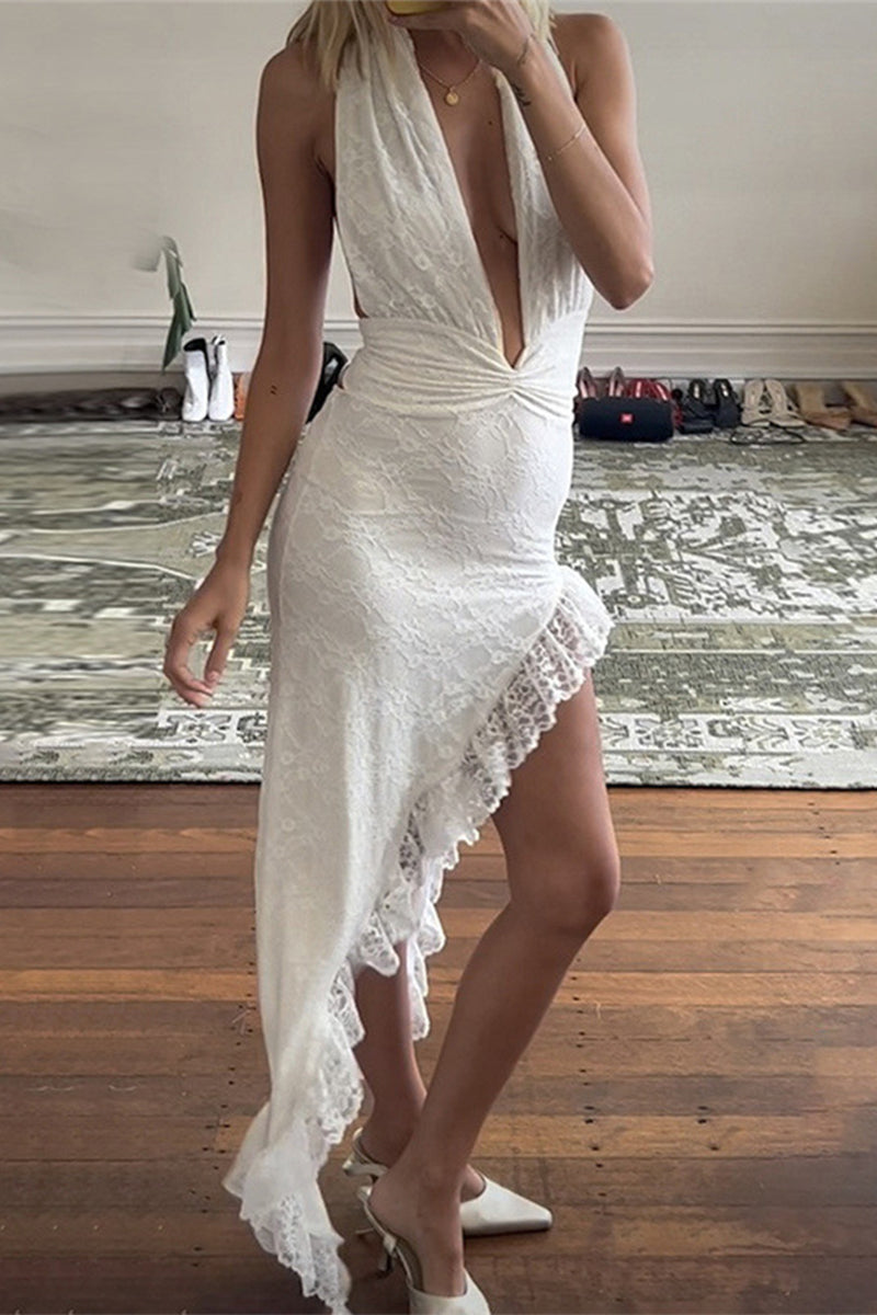 Sexy Solid Lace Flounce V Neck Irregular Dresses