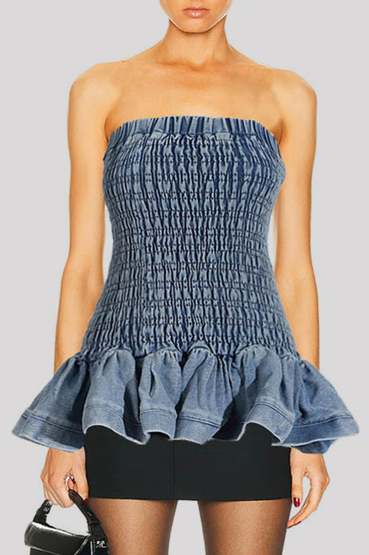 Sexy Casual Solid Backless Strapless Sleeveless Skinny Denim Tops